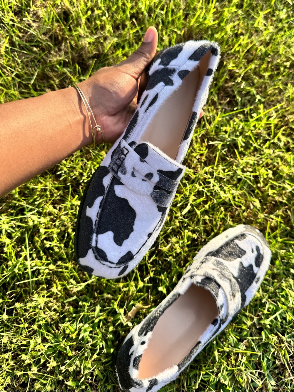 Black & White Cow Print Ponyhaired Loafers